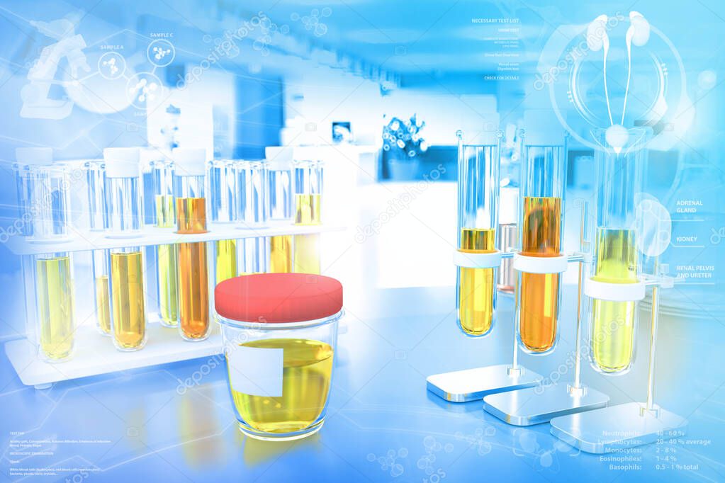Urine sample test for ph or calcium carbonate - test tubes in modern pollution study facility, medical 3D illustration