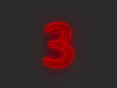 Kırmızı parlak neon ışıklı parlak alfabe. Gri arkaplanda izole edilmiş 3 numara. Sembollerin 3 boyutlu çizimi.