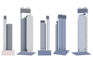Gökyüzü yansıması olan, 3 boyutlu gökdelenlerin görüntüsünden izole edilmiş 5 adet hayali tasarım, soyut gökdelenler.