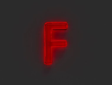 Kırmızı parlak neon ışığı yansıtıcı yazı tipi - Gri arkaplanda F harfi, sembollerin 3 boyutlu çizimi