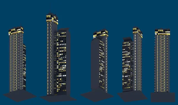 Illusztráció Felhőkarcolók Különböző Fiktív Házak Éjszaka Fények Égve Elszigetelt Sötétkék — Stock Fotó
