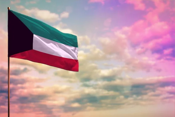 Развевающийся Макет Флага Кувейта Местом Текста Красочном Облачном Фоне — стоковое фото