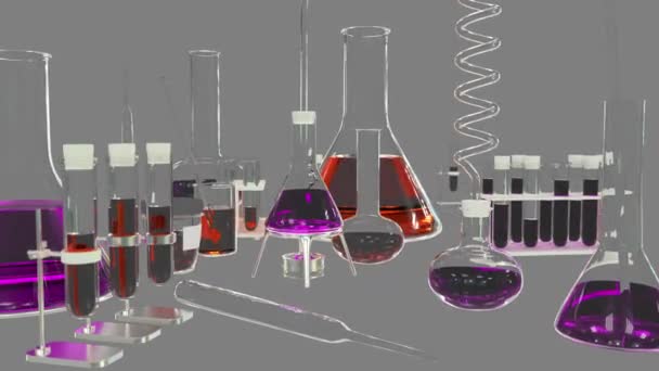 Lampy Laboratoryjne Dowody Inne Szkło Naukowe Izolowane Szarym Tle Koncepcja — Wideo stockowe