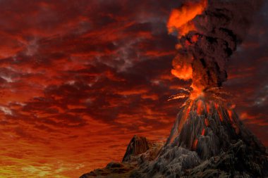 Stratovolcano patlaması büyük bir duman sütunu ve gün doğumunda ateş püskürmesi, püskürme ve volkanik kül kavramı nedeniyle sorunlar - doğanın 3 boyutlu çizimi