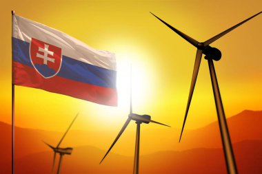 Slovakya rüzgar enerjisi, günbatımında türbinler ve bayrak ile alternatif enerji çevre kavramı - alternatif yenilenebilir enerji - endüstriyel illüstrasyon, 3D illüstrasyon