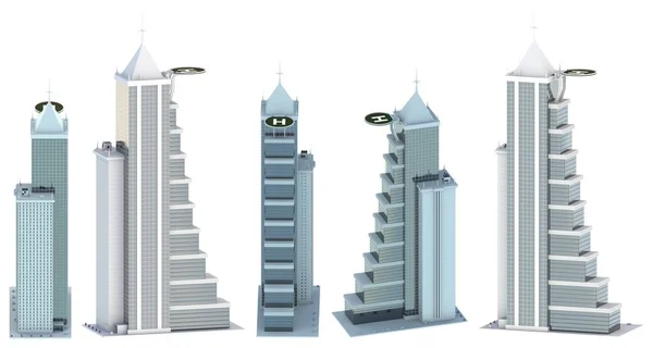 Различных Углов Обзора Отображают Вымышленные Высотные Здания Вертолетной Площадкой Крыше — стоковое фото