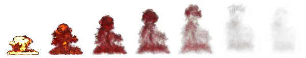 大爆炸蘑菇云的许多图像 在白色背景下与火和烟隔离 物体的三维图解 — 图库照片