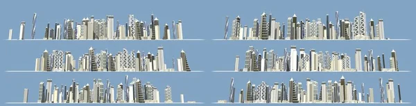 6 detailed renders of modern architectural buildings forming city skyline isolated on blue, city prospering concept - 3D illustration of objects