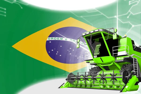 緑の先進農業のデジタル産業3Dイラストは ブラジルの旗の上に収穫機を組み合わせる 農業機器の革新コンセプト — ストック写真