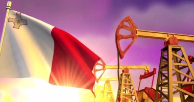 Gün batımında petrol pompalayan petrol kuyularının arka planında Malta bayrağı dalgalanıyor. Petrol endüstrisi konsepti, 4K 3D animasyon