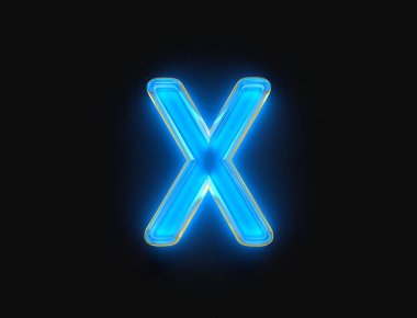 Mavi ve turuncu ışıklı parlak parlak kristal cam yazı tipi - koyu arkaplanda izole X harfi, sembollerin 3 boyutlu çizimi