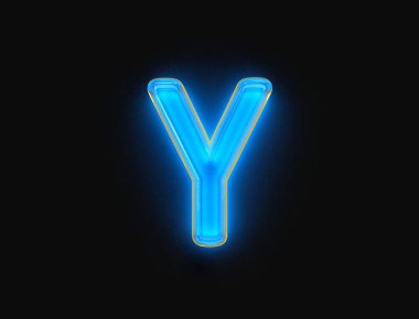 Mavi ve sarı parlak neon ışıklı parlak cam alfabe - koyu renkli Y harfi, sembollerin 3 boyutlu çizimi