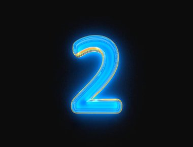 Mavi ve sarı parlak neon ışıklı parlak cam yazı tipi - 2 numara koyu renkli, 3 boyutlu semboller çizimi