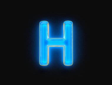 Mavi ve turuncu parlak neon ışıklı parlak cam yazı tipi. H harfi koyu arkaplanda izole edilmiş. Sembollerin 3 boyutlu çizimi.