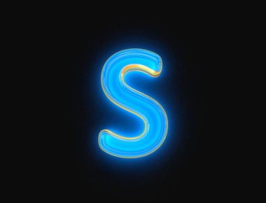 Mavi ve turuncu parlak neon ışıklı şeffaf cam alfabe - koyu arkaplanda S harfi, sembollerin 3 boyutlu çizimi