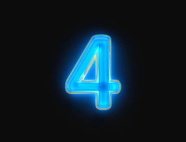 青とオレンジの輝きネオンライトグロー透明反射アルファベット 数字4暗い背景に隔離され シンボルの3Dイラスト — ストック写真