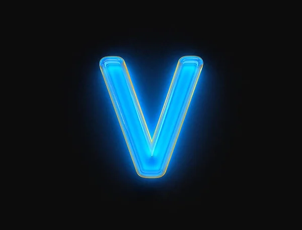 蓝色和黄色发亮的霓虹灯发出透明的反射字母表 字母V在黑暗中隔离 符号的三维插图 — 图库照片