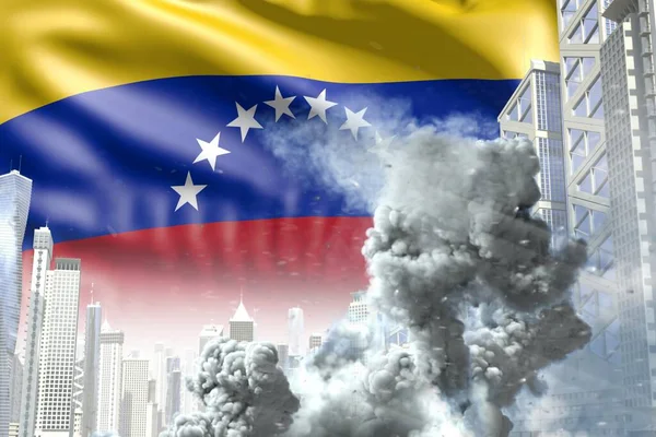 large smoke column in the modern city - concept of industrial explosion or act of terror on Venezuela flag background, industrial 3D illustration