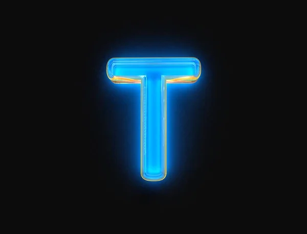 青とオレンジの光沢のあるネオンライトグロー透明ガラスフォント 文字Tは暗い背景に隔離され シンボルの3Dイラスト — ストック写真