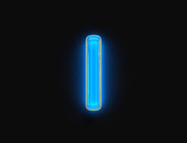 Blue and yellow shine neon light glow clear glass made font - letter I isolated on dark, 3D illustration of symbols