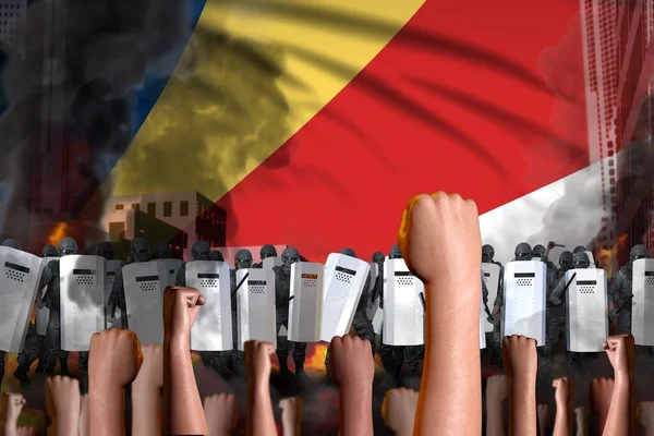 Mutiny Stopping Concept Protest Seychelles Flag Background Police Swat Stand — Stock Photo, Image