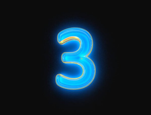 Blue and yellow shiny neon light glow transparent glass made font - number 3 isolated on dark, 3D illustration of symbols