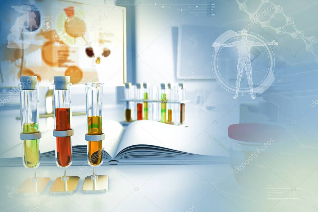 Urine sample test for ketones or hypertension - proofs in modern chemical research facility, medical 3D illustration