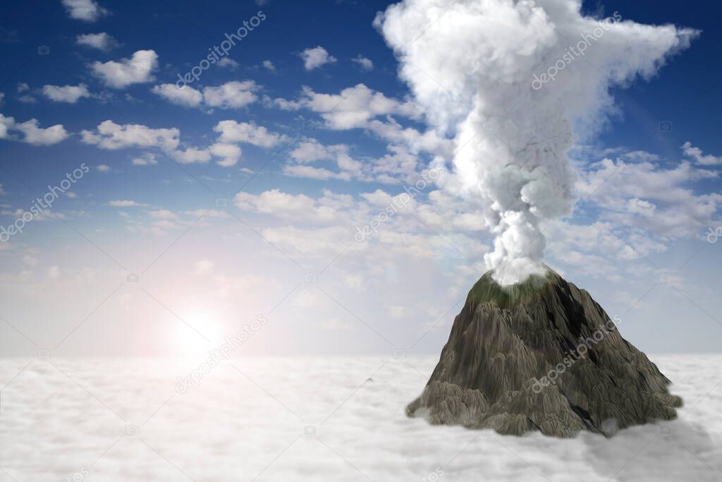 stratovolcano eruption with huge smoke column and fire on blue sky background, troubles because of eruption and volcanic earthquake concept - 3D illustration of nature