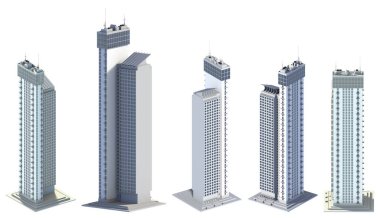 5 adet hayali tasarım yüksek teknoloji ev bloğu gökyüzü yansımalı düz kuleler - beyaz üzerinde izole, çeşitli kenarlar mimarinin 3d görüntüsü