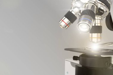 Fizik analiz konsepti, laboratuvar elektronik bilimsel mikroskobunun gradyan arka planda alevli 3D çizimi