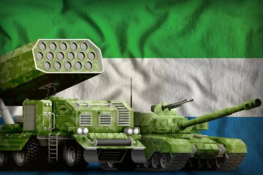 Sierra Leone bayraklarında yaz pikseli kamuflajı olan tank ve roket topçuları. Sierra Leone ağır zırhlı araçlar konsepti. 3d Görüntü