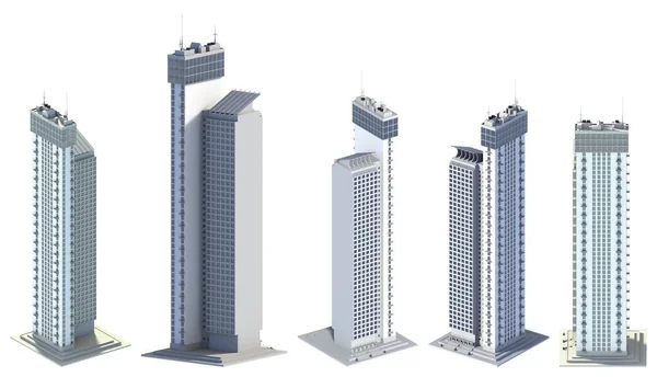 一套五套科幻小说设计风格的高科技住宅 带天窗的平板塔 独立于白色 不同侧面的三维建筑图解 — 图库照片