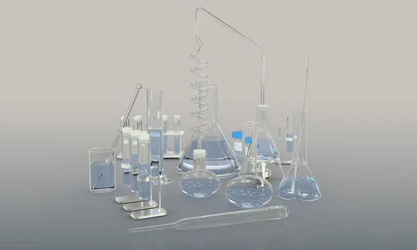 laboratory proofs and other microbiology glassware with water isolated on grey background - university concept, 3D illustration of objects