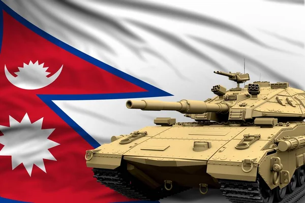旗の背景に本物のデザインではないネパールの近代的なタンク 戦車軍の概念 軍の3Dイラスト — ストック写真