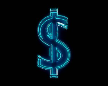 Mavi cilalı neon ışıklı cam şeffaf yazı tipi - dolar - siyah arkaplanda izole edilmiş peso işareti, sembollerin 3 boyutlu illüstrasyonu