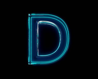 Mavi parlak neon ışıklı parlak şeffaf alfabe - D harfi siyah karanlıkta izole edilmiş, sembollerin 3 boyutlu çizimi