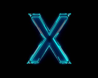 Mavi parlak neon ışıklı cam net yazı tipi oluşturdu - X harfi siyah koyu, sembollerin 3 boyutlu çizimi