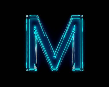 Mavi parlak neon ışıklı cam şeffaf yazı tipi - M harfi siyah karanlıkta izole edilmiş, sembollerin 3 boyutlu çizimi