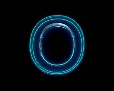 Mavi parlak neon ışığı yansıtıcı kristal alfabe - harf O siyah karanlıkta izole, sembollerin üç boyutlu illüstrasyonu