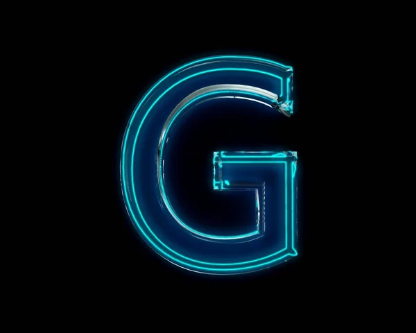 ブルーの光沢のあるネオンライトグローのガラスの透明フォント 手紙Gは黒の暗い上に隔離され シンボルの3Dイラスト — ストック写真