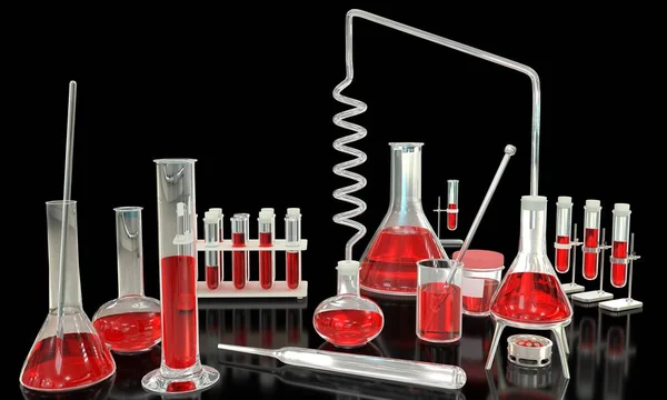 Laboratorní Korektury Další Biochemie Sklo Červenou Kapalinou Krevní Testy Vzorků — Stock fotografie