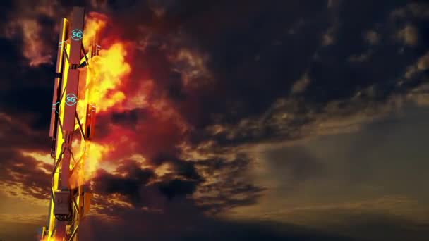 60Fps Video Torre Red Celular Ardiendo Fondo Del Atardecer Protesta — Vídeo de stock