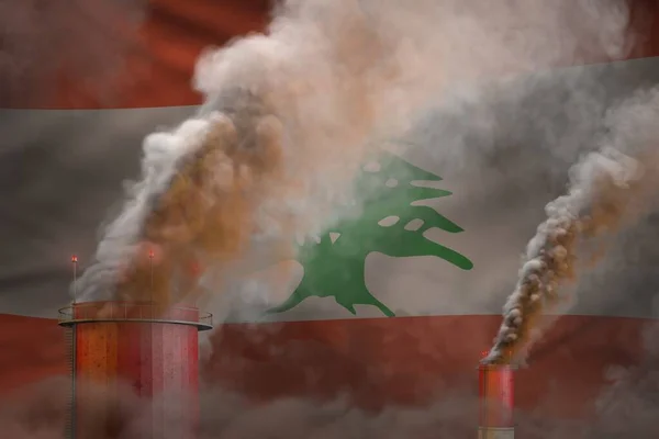 dense smoke of factory chimneys on Lebanon flag - global warming concept, background with space for your content - industrial 3D illustration