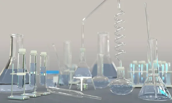 Εικονογράφηση Αντικειμένων Εργαστηριακές Αποδείξεις Διάφορα Βιολογικά Γυάλινα Σκεύη Νερό Γκρι — Φωτογραφία Αρχείου