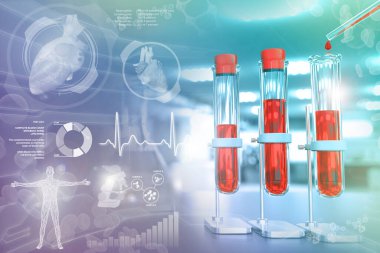 Medikal 3D illüstrasyon, kolesterol ve kırmızı kan hücreleri için kan örneği DNA testi.