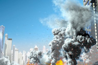 Modern şehirde büyük duman sütunu ve yangın, endüstriyel kaza kavramı veya mavi gökyüzü arka planında terör eylemi - endüstriyel 3D illüstrasyon