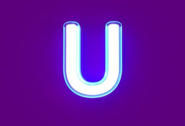 Beyaz parlak neon alfabesi - mor arkaplan üzerinde izole U harfi, sembollerin 3 boyutlu çizimi