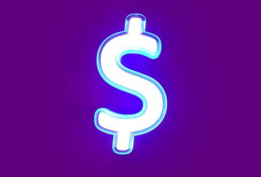 Beyaz parlak neon parlak yazı tipi - dolar - peso işareti mor üzerine izole edilmiş, sembollerin 3 boyutlu illüstrasyonu