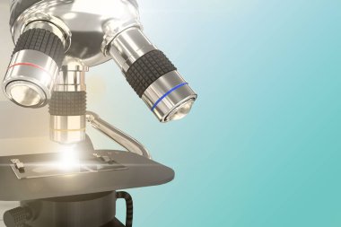 Aşı araştırma konsepti, laboratuvar yüksek teknolojili bilimsel mikroskop gradyan arka planda parlama - nesne 3 boyutlu illüstrasyon