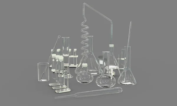 Illusztráció Tárgyak Laboratóriumi Kémcsövek Különböző Kémiai Üvegáruk Üres Elszigetelt Szürke — Stock Fotó
